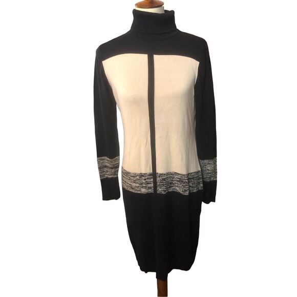 Black and cream Colorblock Narcisco Rodriguez Colorblock Turtleneck Sweater Dres - Picture 5 of 13